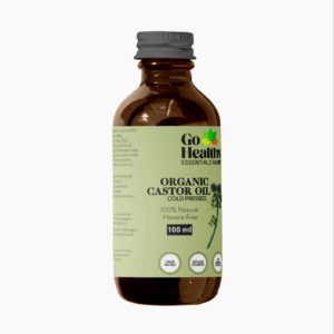 A brown glass bottle of Go Healthy Organic Castor Oil from the ESSENTIALS RANGE with a green label and dark gray cap, on a white background.