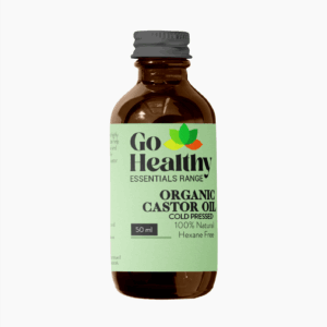 A brown glass bottle of Go Healthy Organic Castor Oil from the ESSENTIALS RANGE with a green label and dark gray cap, on a white background.