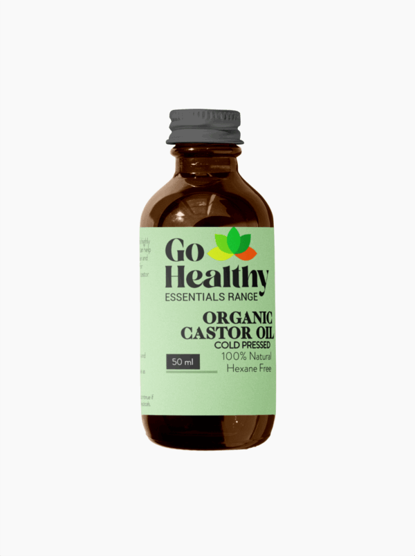 A brown glass bottle of Go Healthy Organic Castor Oil from the ESSENTIALS RANGE with a green label and dark gray cap, on a white background.