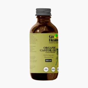 A brown glass bottle of Go Healthy Organic Castor Oil from the ESSENTIALS RANGE with a green label and dark gray cap, on a white background.