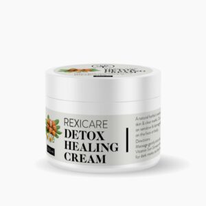 A white jar of Rexicare Detox Healing Cream, showing a label with a plant illustration and product name.