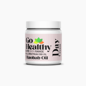 A white jar of Go Healthy Dope Skin Day Cream with Full Spectrum CBD Oil and Baobab Oil is shown. The label is pale pink with black text and a multi-colored leaf logo.