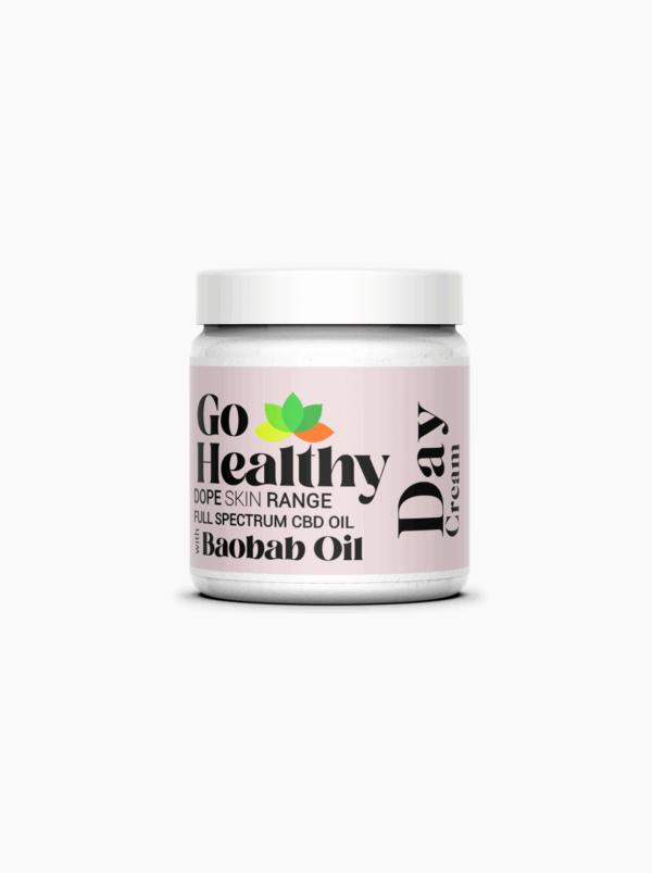 A white jar of Go Healthy Dope Skin Day Cream with Full Spectrum CBD Oil and Baobab Oil is shown. The label is pale pink with black text and a multi-colored leaf logo.