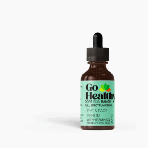 A brown glass dropper bottle of "Go Healthy Eye & Face Serum" with a green label.