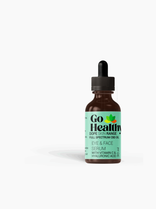 A brown glass dropper bottle of "Go Healthy Eye & Face Serum" with a green label.