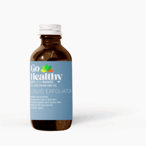 A brown glass bottle of Go Healthy DOPE SKIN RANGE Full Spectrum CBD Oil Liquid Exfoliator with a light blue label and white cap, shot against a white background.