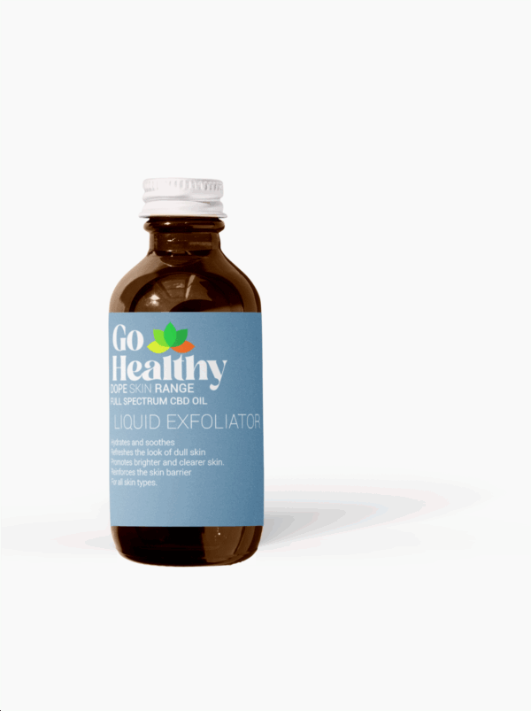A brown glass bottle of Go Healthy DOPE SKIN RANGE Full Spectrum CBD Oil Liquid Exfoliator with a light blue label and white cap, shot against a white background.