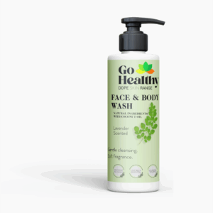 A white bottle of Go Healthy Face & Body Wash with a pump dispenser and a green label.