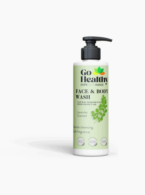 A white bottle of Go Healthy Face & Body Wash with a pump dispenser and a green label.