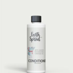 A white bottle of "Earth Sprout" conditioner with a label showing a small elephant and text that reads, "WITH MOOD ENHANCING ORANGE OIL."