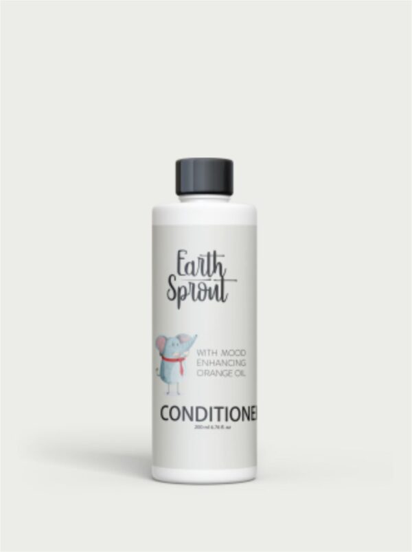 A white bottle of "Earth Sprout" conditioner with a label showing a small elephant and text that reads, "WITH MOOD ENHANCING ORANGE OIL."
