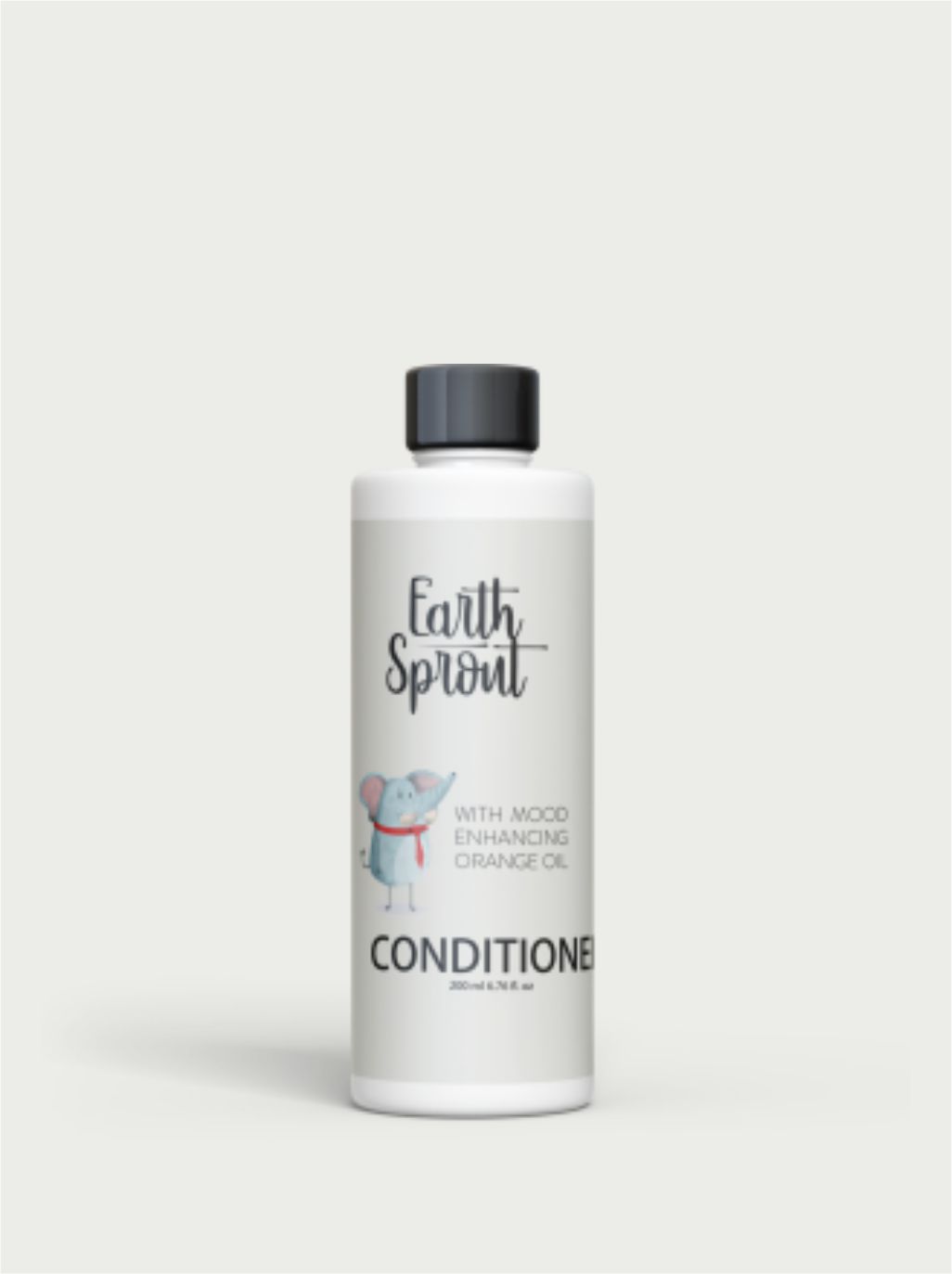A white bottle of "Earth Sprout" conditioner with a label showing a small elephant and text that reads, "WITH MOOD ENHANCING ORANGE OIL."