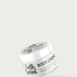 A white jar of Earth Sprout Body Creme with a label mentioning mood-enhancing orange oil, floating against a light grey background.