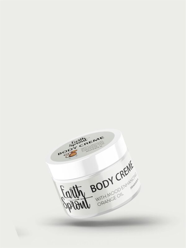 A white jar of Earth Sprout Body Creme with a label mentioning mood-enhancing orange oil, floating against a light grey background.