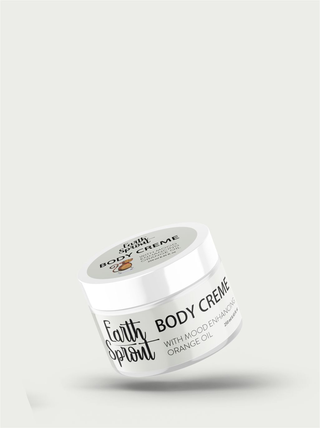 A white jar of Earth Sprout Body Creme with a label mentioning mood-enhancing orange oil, floating against a light grey background.