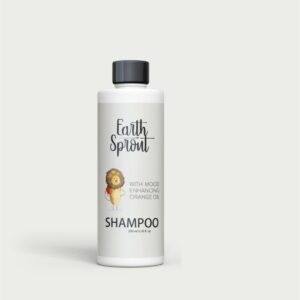 A white bottle of "Earth Sprout" shampoo with a label that shows a smiling lion and says "WITH MOOD ENHANCING ORANGE OIL."