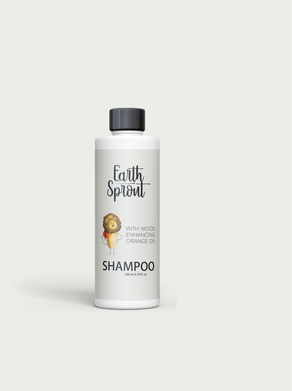 A white bottle of "Earth Sprout" shampoo with a label that shows a smiling lion and says "WITH MOOD ENHANCING ORANGE OIL."