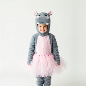 A smiling child in a grey hippo costume with pink ears and a pink tutu stands against a white background.