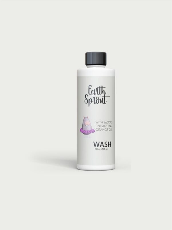 A white bottle of "Earth Sprout" wash with a label showing a cute hippo and mentioning "mood-enhancing orange oil."
