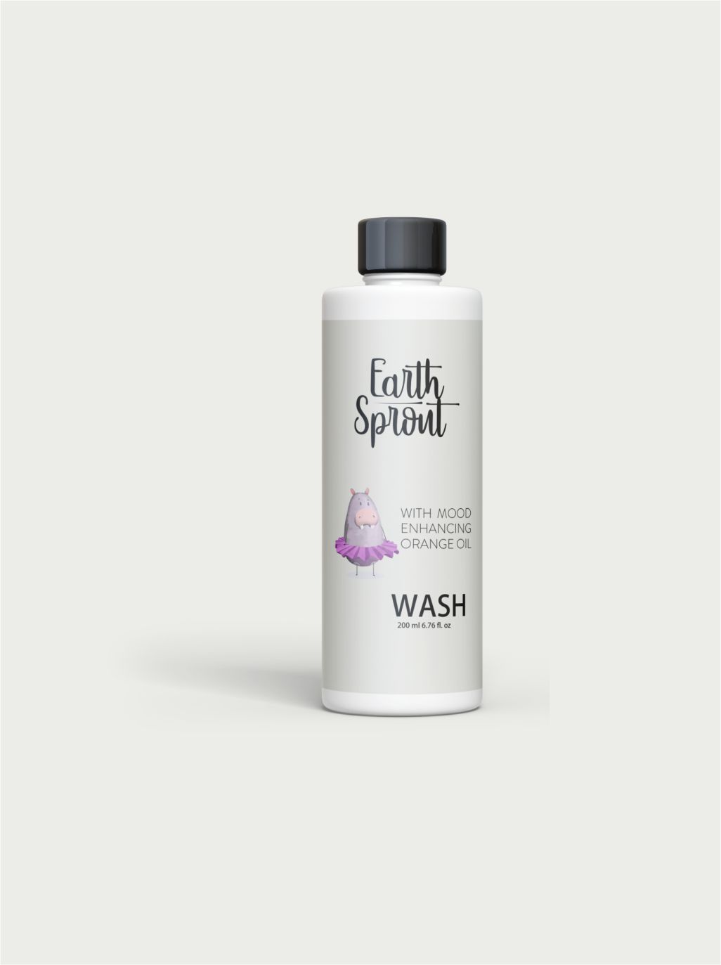 A white bottle of "Earth Sprout" wash with a label showing a cute hippo and mentioning "mood-enhancing orange oil."