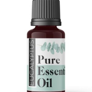 A small, brown glass bottle of "Pure Eucalyptus Essential Oil" with a black cap.