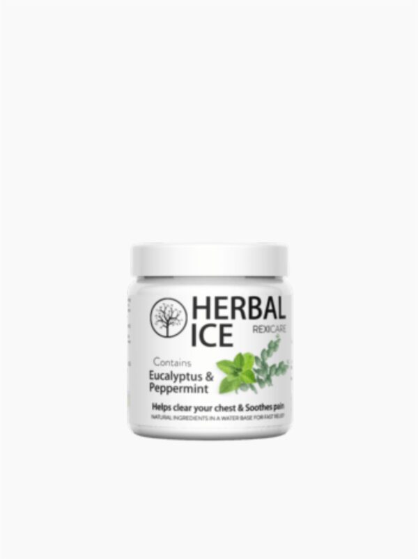 A white jar of Herbal Ice by Rexicare is shown. The label lists Eucalyptus & Peppermint as ingredients and states that the product "Helps clear your chest & Soothes pain."