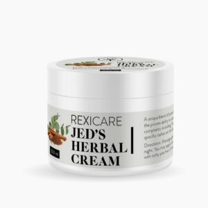 A white jar of Rexicare Jed's Herbal Cream, showing a label with illustrations of cinnamon sticks and plant leaves.