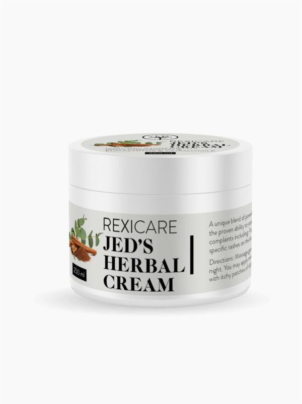 A white jar of Rexicare Jed's Herbal Cream, showing a label with illustrations of cinnamon sticks and plant leaves.