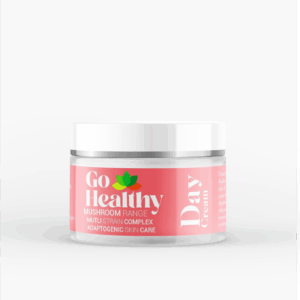 A white jar of Go Healthy Day Cream from the Mushroom Range, featuring a pink label, against a plain white background.