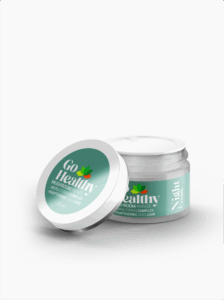An open white jar of Go Healthy Night Cream from the Mushroom Range, with its lid resting beside it. The jar has a green and white label and is set against a plain white background.