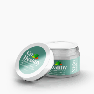 An open white jar of Go Healthy Night Cream from the Mushroom Range, with its lid resting beside it. The jar has a green and white label and is set against a plain white background.