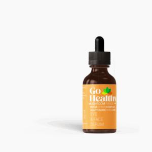 A small brown glass bottle of Go Healthy Eye & Face Serum from the Mushroom Range with an orange label and black dropper cap, on a white background.
