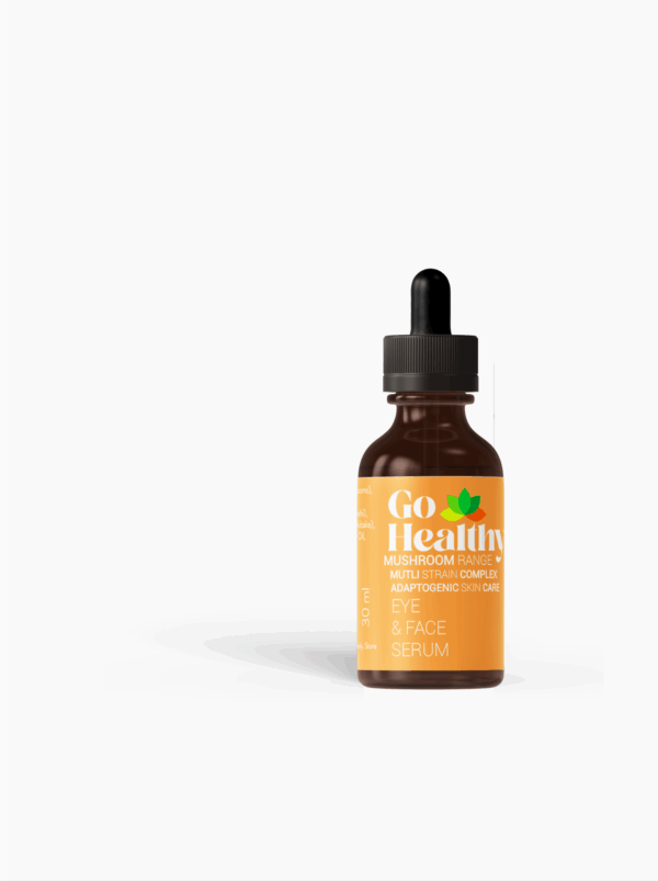 A small brown glass bottle of Go Healthy Eye & Face Serum from the Mushroom Range with an orange label and black dropper cap, on a white background.