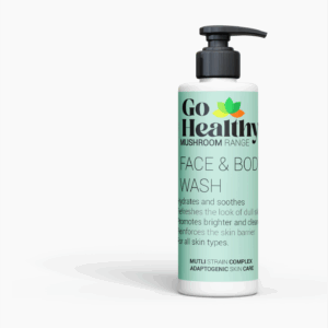 A white bottle of Go Healthy Face & Body Wash from the Mushroom Range with a light green label and black pump dispenser, on a plain white background.