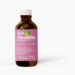 A small brown glass bottle of Go Healthy Facial Toner from the Mushroom Range with a bright pink label and a white cap, on a clean white background.
