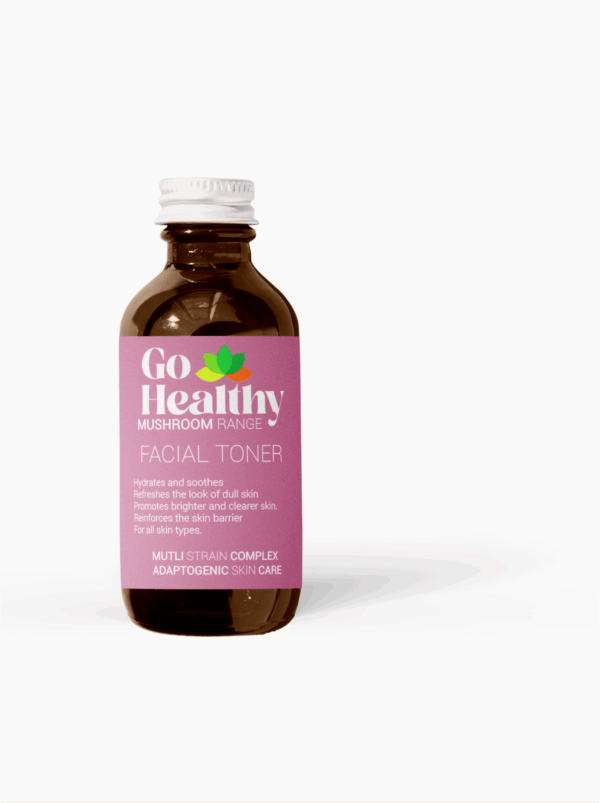 A small brown glass bottle of Go Healthy Facial Toner from the Mushroom Range with a bright pink label and a white cap, on a clean white background.