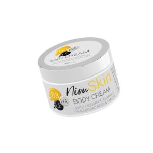 A white jar of Niou Skin Body Cream is shown, angled to show the top and side labels. The labels list key ingredients like Niacin, B3, Hyaluronic Acid, and Licorice Extract.
