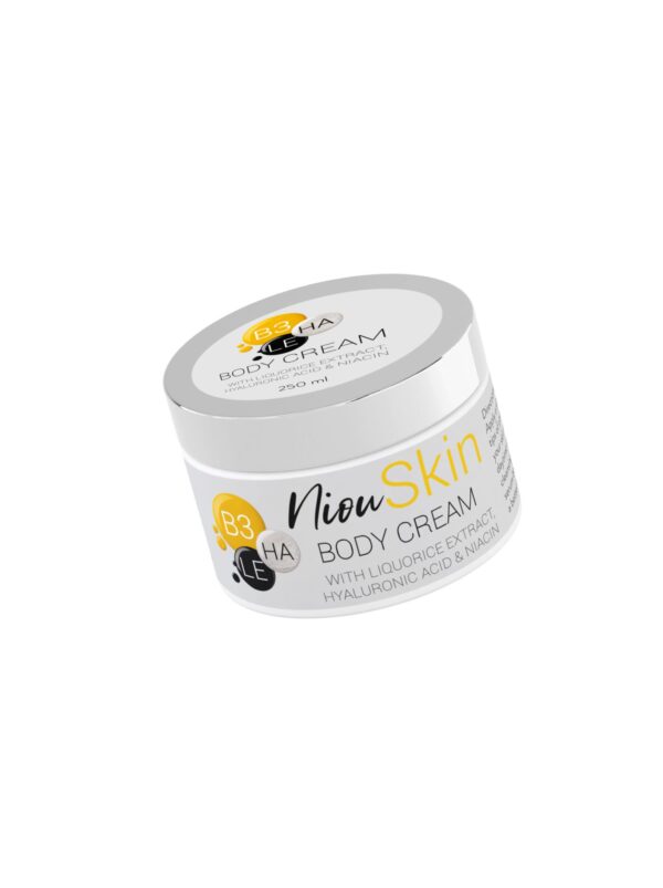 A white jar of Niou Skin Body Cream is shown, angled to show the top and side labels. The labels list key ingredients like Niacin, B3, Hyaluronic Acid, and Licorice Extract.