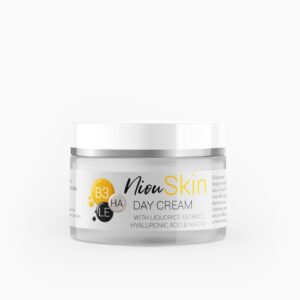 A white jar of Niou Skin Day Cream is shown. The label highlights ingredients such as Licorice Extract, Hyaluronic Acid, and Niacin.