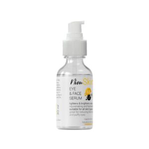A clear glass bottle of Niou Skin Eye & Face Serum with a white pump dispenser is shown. The label highlights ingredients like Niacin, B3+, Licorice Extract, and HA.