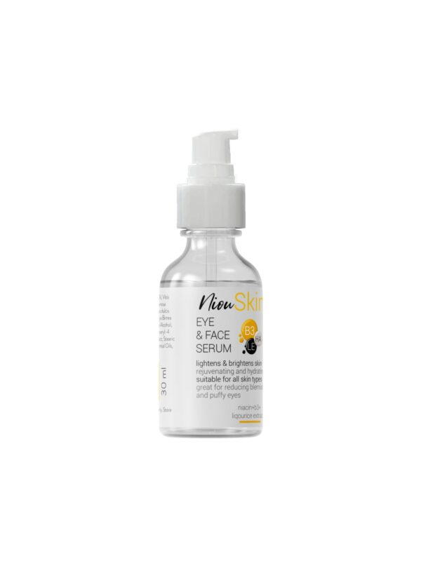 A clear glass bottle of Niou Skin Eye & Face Serum with a white pump dispenser is shown. The label highlights ingredients like Niacin, B3+, Licorice Extract, and HA.