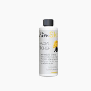 A white bottle of Niou Skin Facial Toner with a black lid is shown. The label lists key ingredients such as Niacin, B3+, and Licorice Extract.