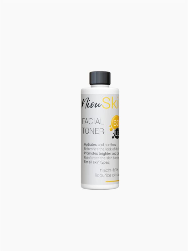 A white bottle of Niou Skin Facial Toner with a black lid is shown. The label lists key ingredients such as Niacin, B3+, and Licorice Extract.