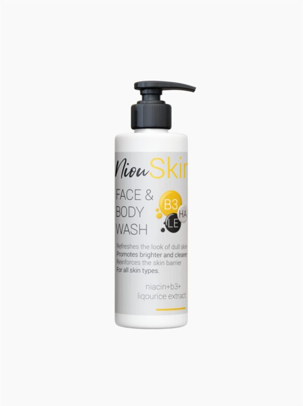 A white bottle of Niou Skin Face & Body Wash with a black pump dispenser is shown. The label lists key ingredients like Niacin, B3+, Licorice Extract, and HA.