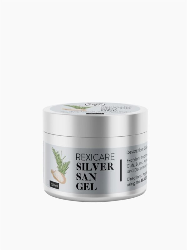 A white jar of Rexicare Silver San Gel, with a label featuring an illustration of a plant and the product name.