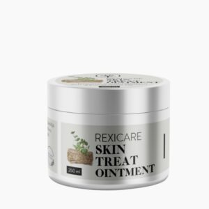 A white jar of Rexicare Skin Treat Ointment, showing a label with an illustration of a plant and a piece of bark, and the product name.