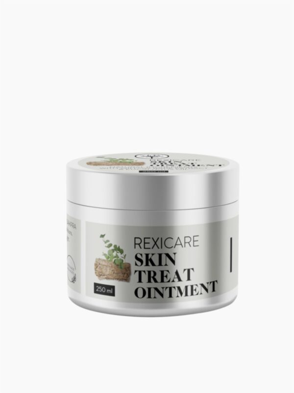 A white jar of Rexicare Skin Treat Ointment, showing a label with an illustration of a plant and a piece of bark, and the product name.