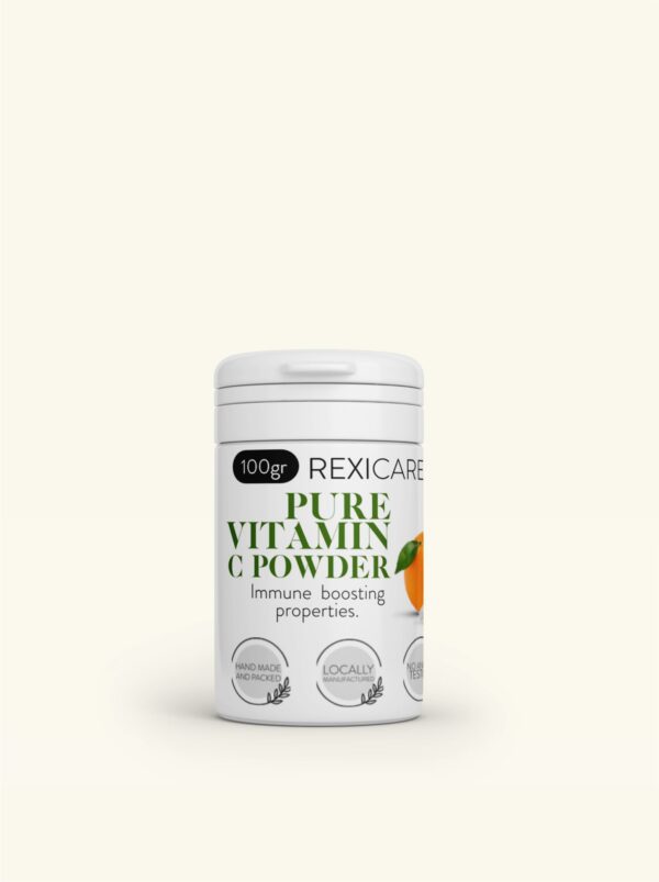 A white jar of Rexicare Pure Vitamin C Powder is shown, with a label featuring an illustration of an orange and information about the product. The label states "100gr" and "Immune boosting properties."