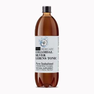 A large, amber-colored plastic bottle of "Rexicare Colloidal Silver Lebens Tonic" with a black cap.