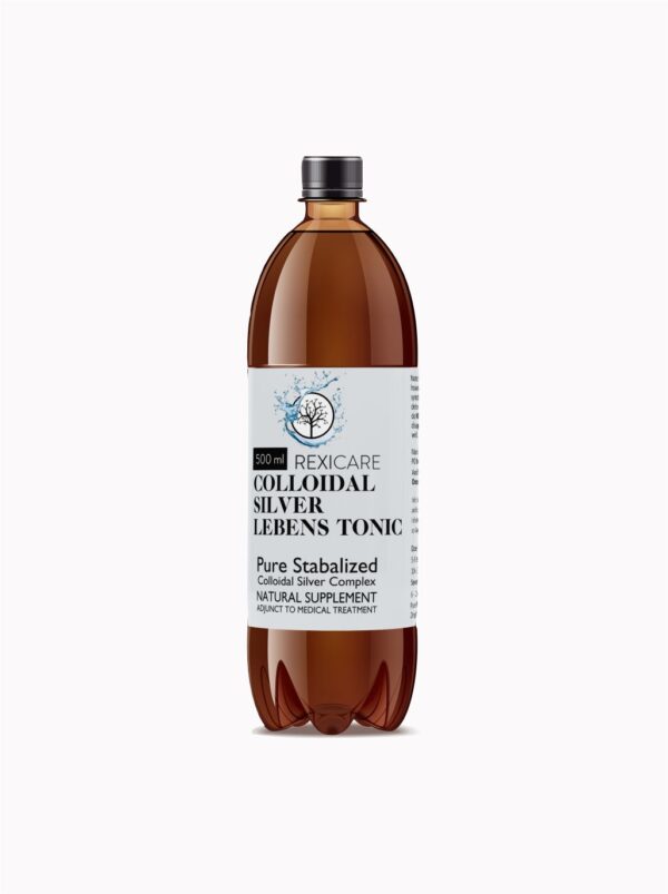 A large, amber-colored plastic bottle of "Rexicare Colloidal Silver Lebens Tonic" with a black cap.